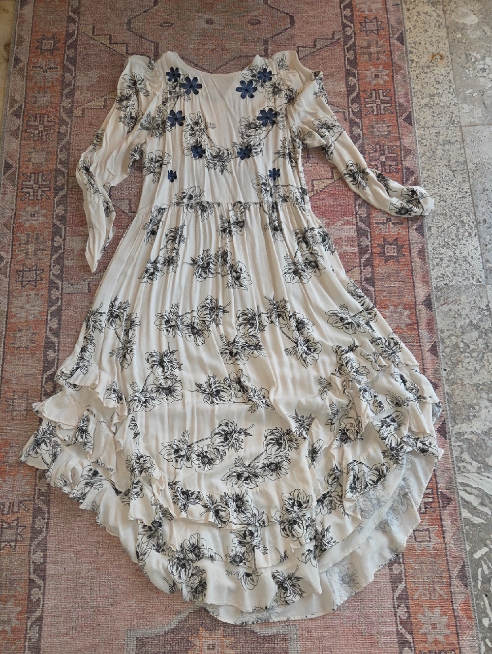 Especia Boho Floral Cream Ruffle Maxi Dress